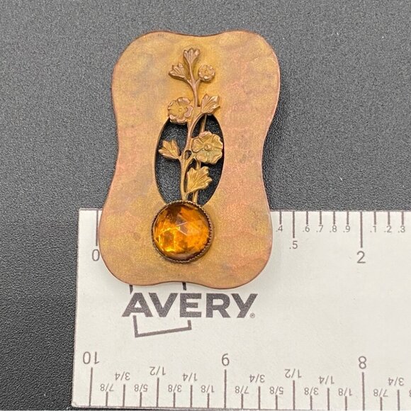 Antique Art Nouveau Brass Thistle Brooch with Citrine Colored Cabochon - Picture 4 of 11